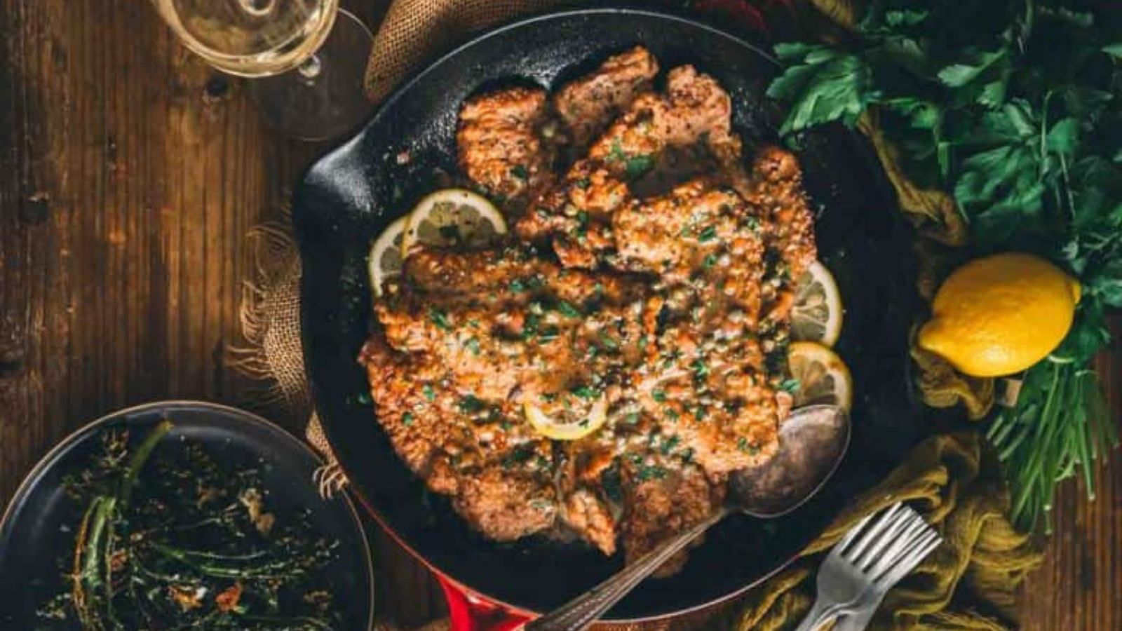 Veal piccata medallions topped with lemon butter sauce and capers.