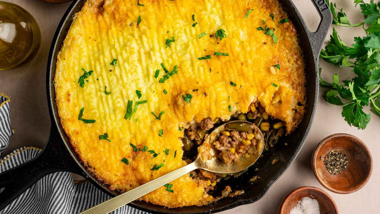 Classic Shepherd’s Pie: Ground meat and vegetables topped with mashed potatoes and baked.