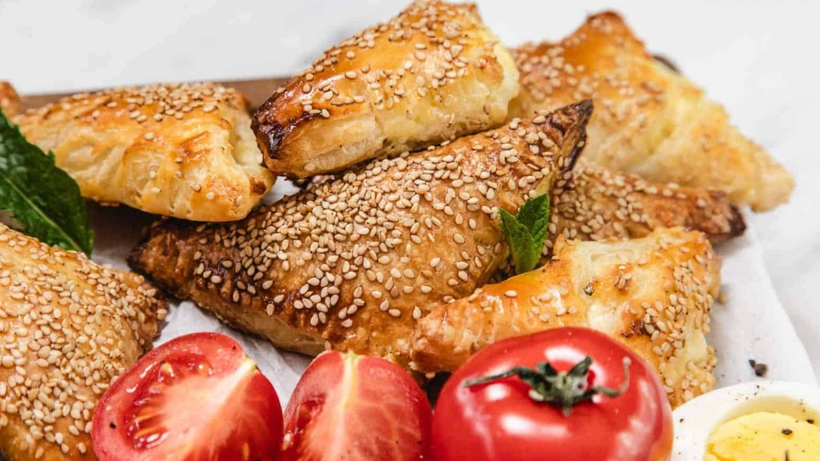 Golden, triangular sesame pastries are arranged on a plate next to halved and whole tomatoes and a hard-boiled egg slice.
