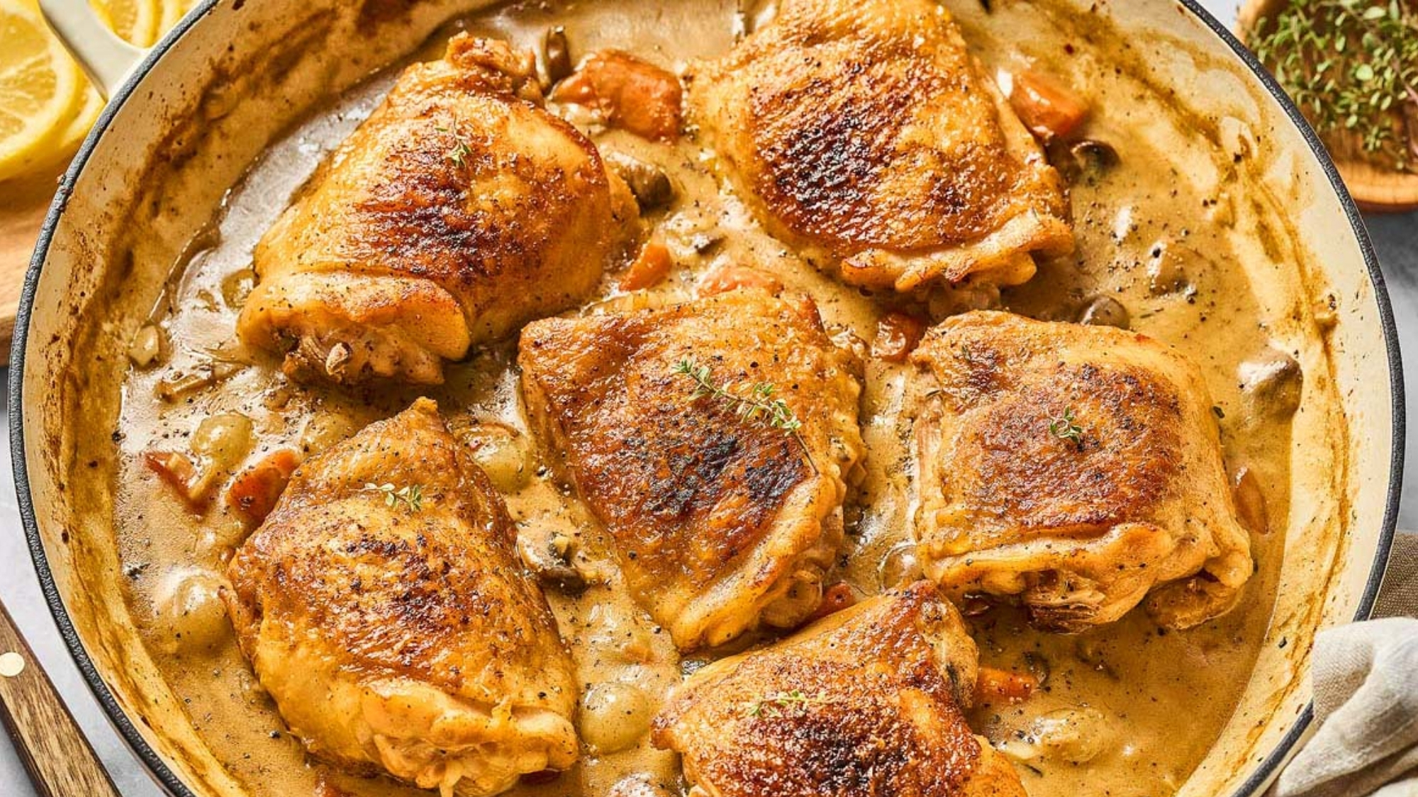 Six browned chicken thighs simmer in a creamy sauce with mushrooms and vegetables in a large skillet.