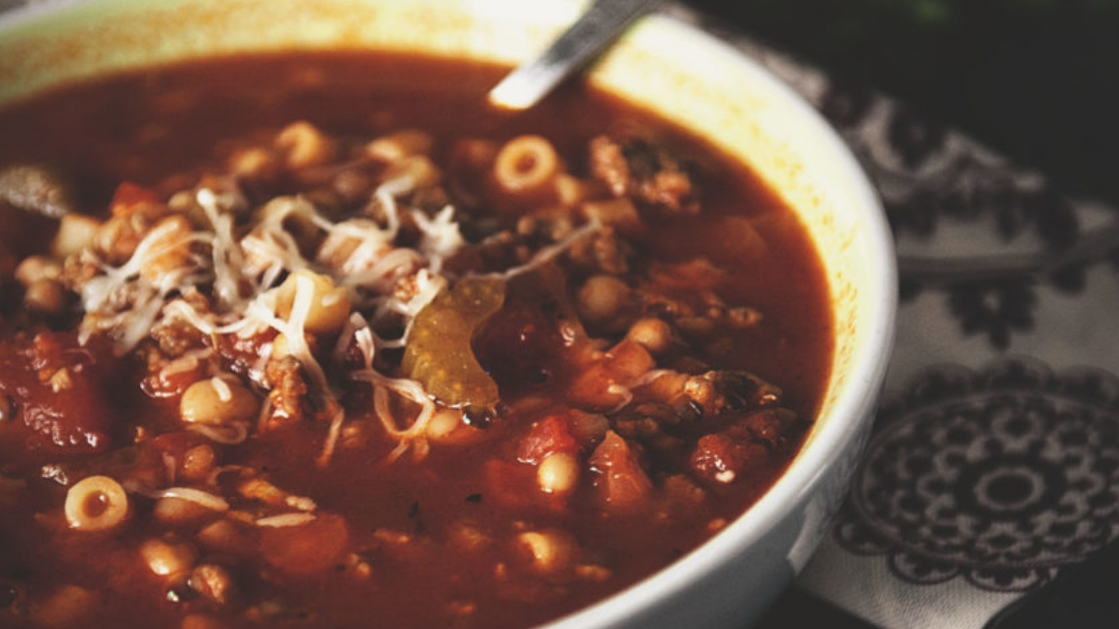 Pasta e fagioli copycat loaded with beans and vegetables.