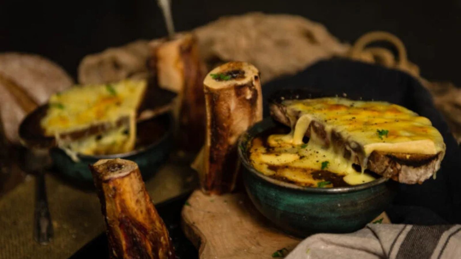 French onion soup topped with roasted bone marrow on thick toast.