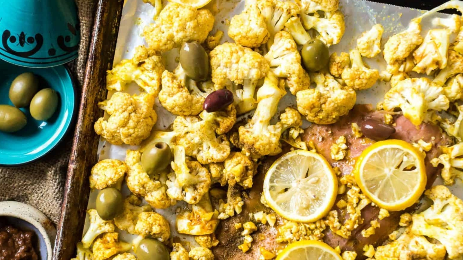 Sheet pan salmon and cauliflower.