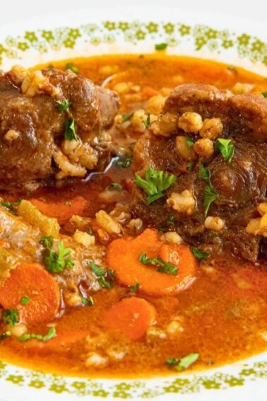 A bowl of oxtail stew with carrots, celery, rice, and parsley in a rich, reddish broth, served on a patterned plate with a spoon.