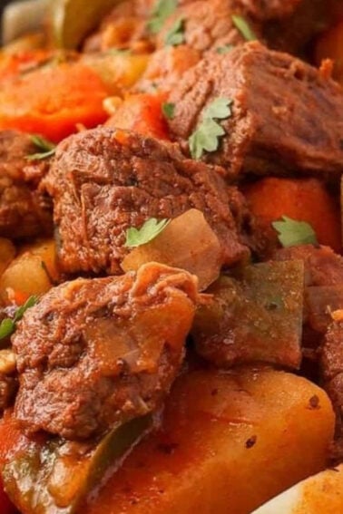 A close-up of a stew with chunks of beef, carrots, potatoes, and bell peppers, garnished with herbs, served over wide egg noodles.