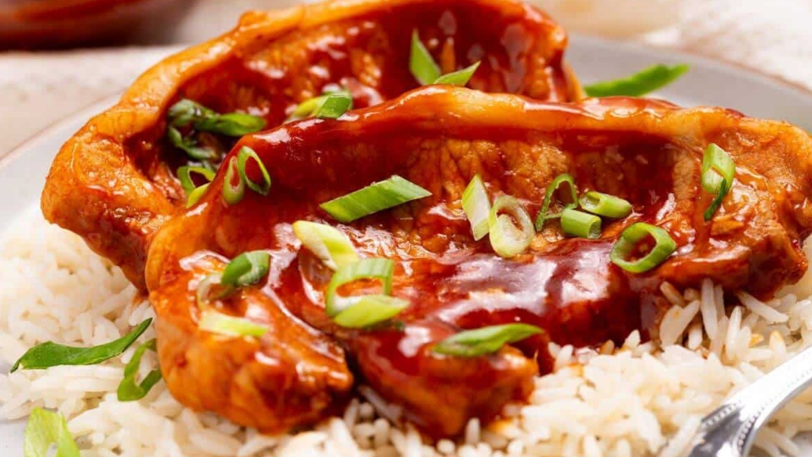 Slow cooker pork chops with rice and sauce on a plate.