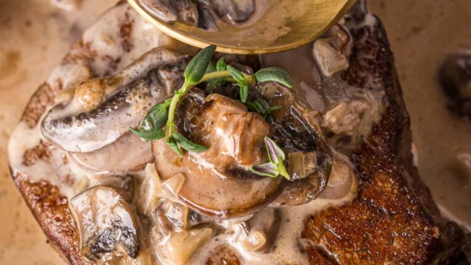 A close-up of a steak topped with creamy mushroom sauce and garnished with fresh herbs, as a spoon adds more sauce—a delicious example of Classic Dinners.