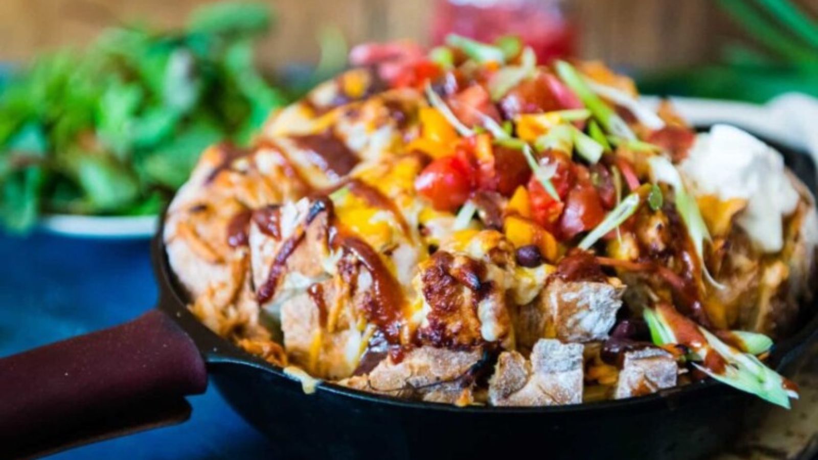 Bread pull-apart loaded with BBQ chicken and melted cheese.