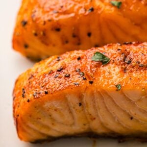 Close up of a salmon filets - showing the perfectly cooked meat.