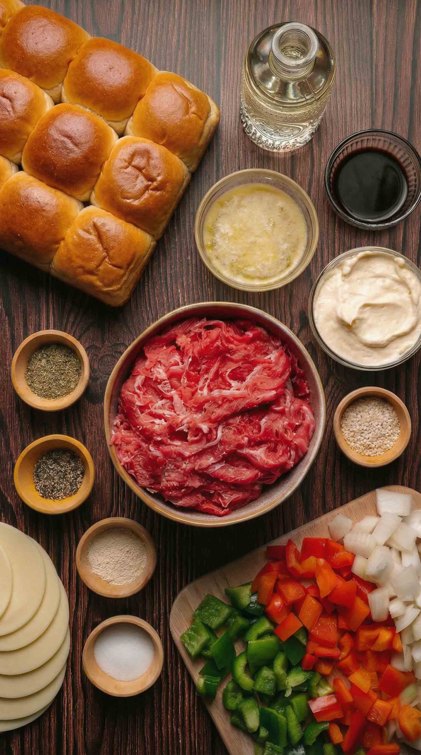 A flat lay of ingredients on a wooden table including sliced ribeye, bell peppers, onions, slider buns, cheese, seasonings, oil, and sauces in small bowls.