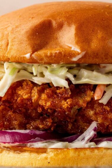 Close-up of a fried chicken sandwich with coleslaw and red onion slices on a toasted bun, served with potato chips.