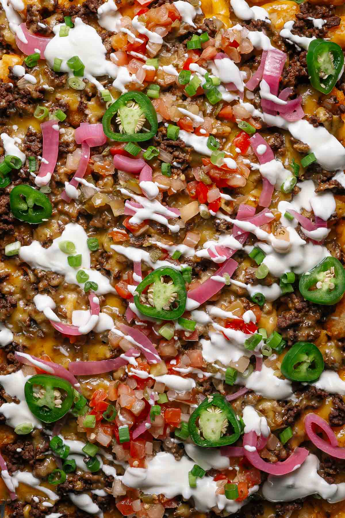 Close-up of totchos topped with ground beef, melted cheese, sliced jalapeños, diced tomatoes, pickled onions, green onions, and drizzled with sour cream.