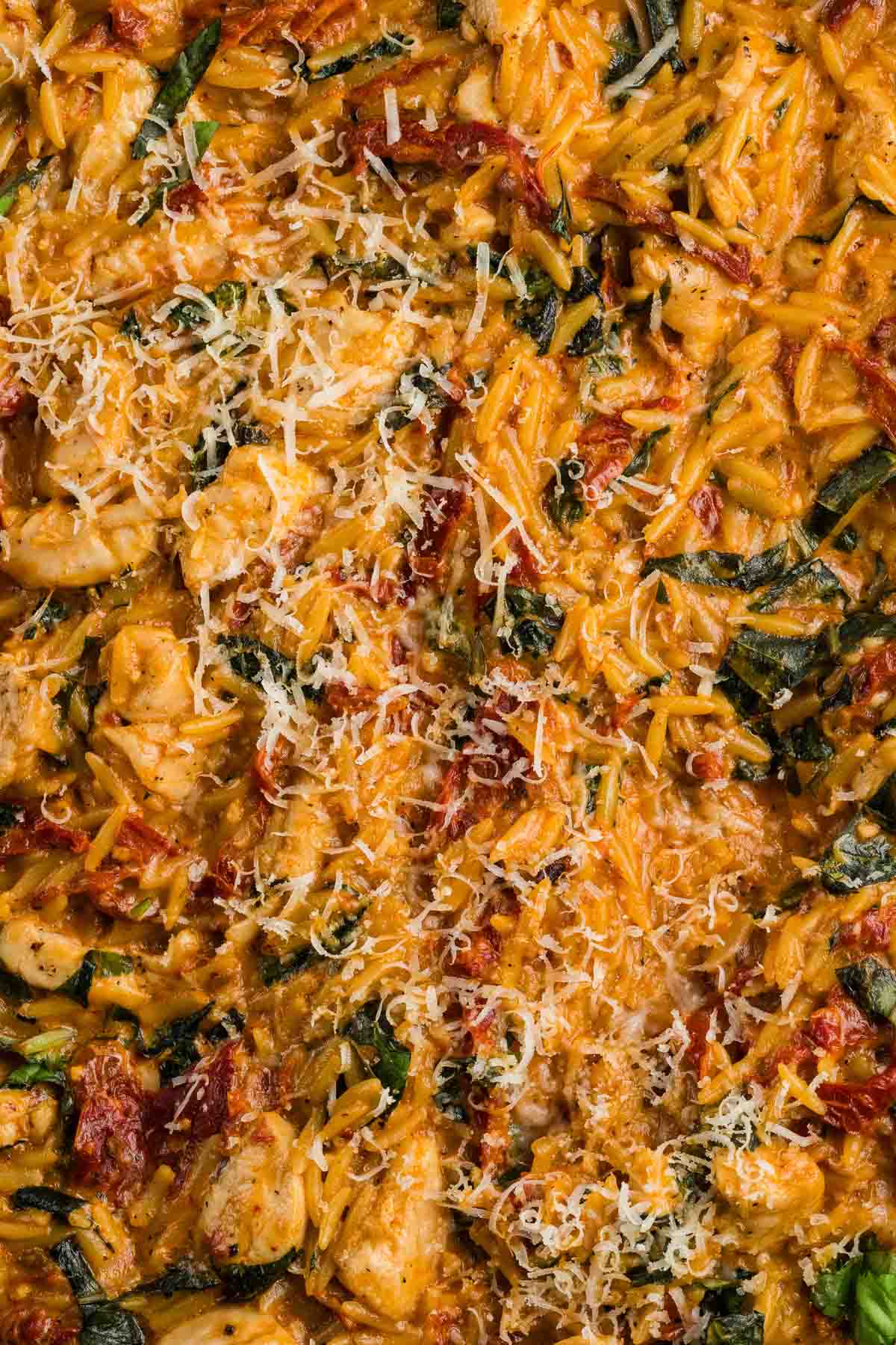 Close-up of cooked orzo pasta mixed with pieces of chicken, sun-dried tomatoes, basil, and grated cheese on top.
