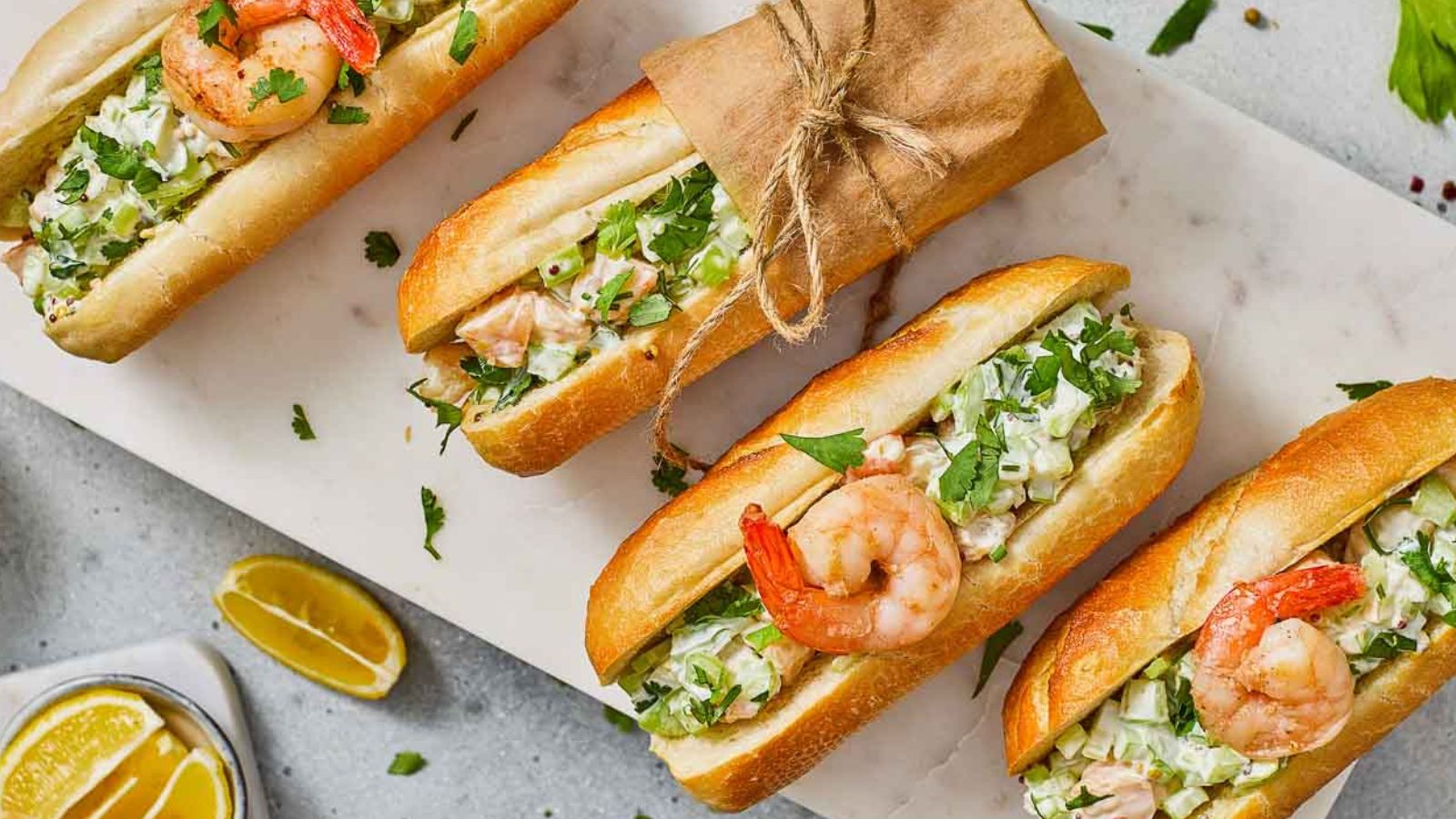 Chilled shrimp served in soft rolls with a light dressing.