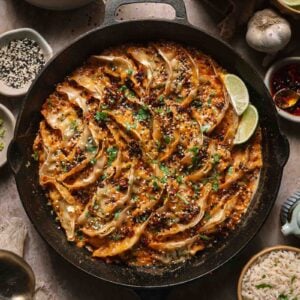 A cast iron skillet filled with arranged pan-fried dumplings in creamy coconut sauce, garnished with herbs, sesame seeds, and lime wedges, surrounded by rice, sauces, and chopsticks.
