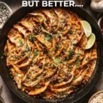 Skillet filled with baked dumplings in sauce, topped with herbs and lime wedges, surrounded by small bowls of ingredients. Text overlay reads "How to make the viral dumpling bake but better.