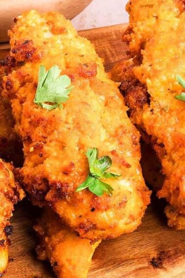 Four crispy fried chicken tenders garnished with parsley are arranged on a wooden serving board.