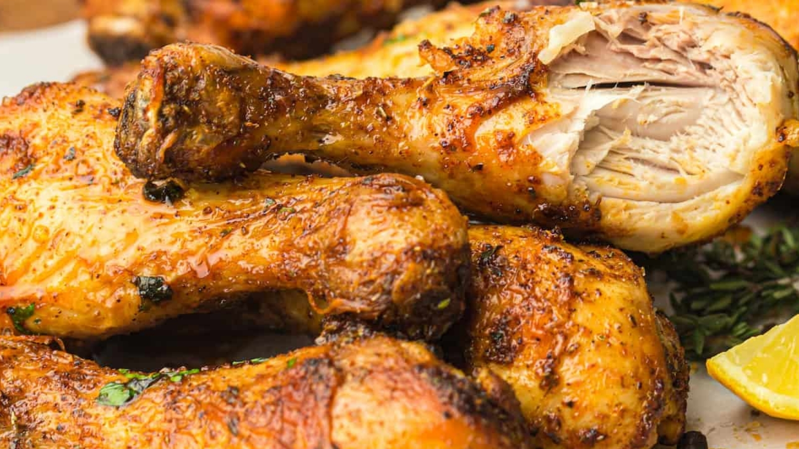 Close-up of a stack of seasoned, grilled chicken drumsticks, with one drumstick partially eaten, revealing moist, cooked meat inside. A lemon wedge and herbs are visible in the background.