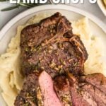 A plate of air fryer lamb chops served on mashed potatoes, shown from above. Text overlay reads, "How to make air fryer lamb chops.