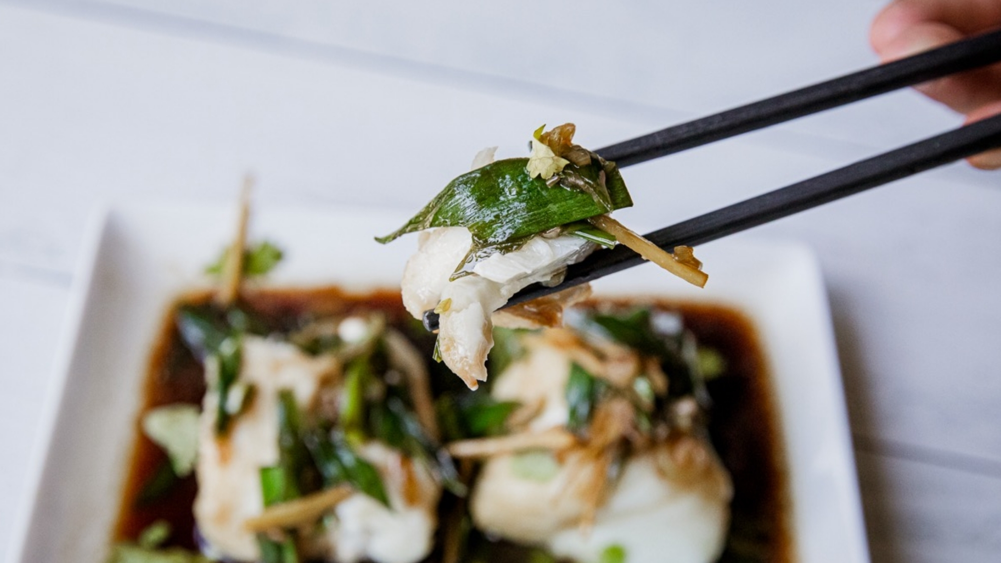 Black chopsticks hold a piece of white fish topped with sliced green onions and thin strips of ginger above a plate of fish in dark sauce.