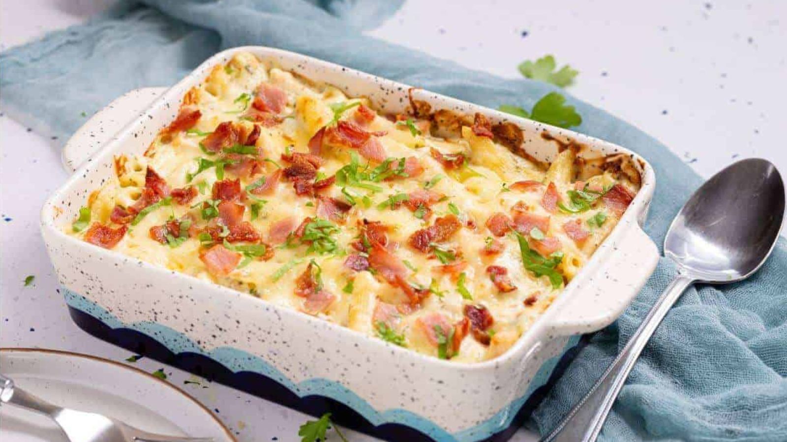 Chicken bacon ranch casserole in baking dish.