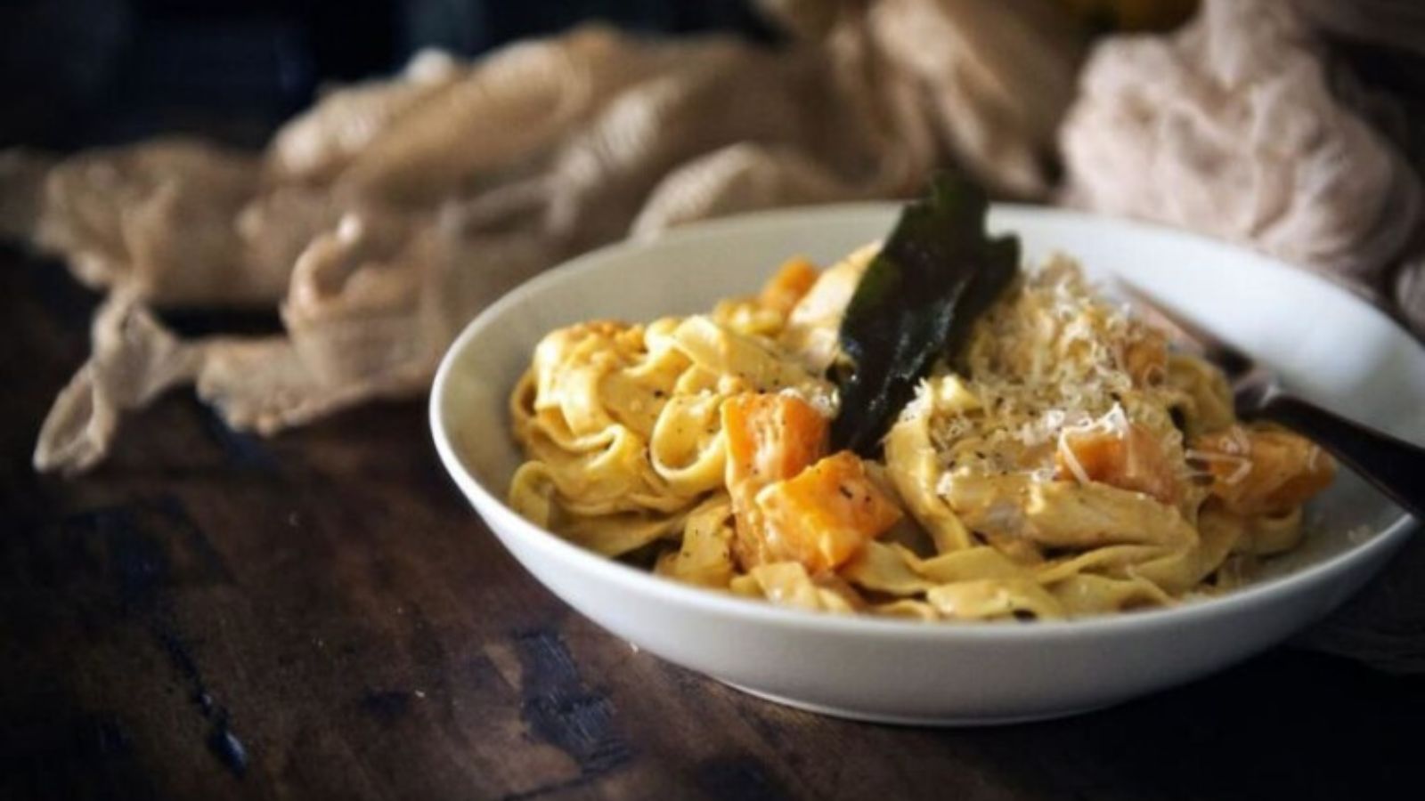 Pumpkin Alfredo creamy with roasted squash mixed with shredded turkey.