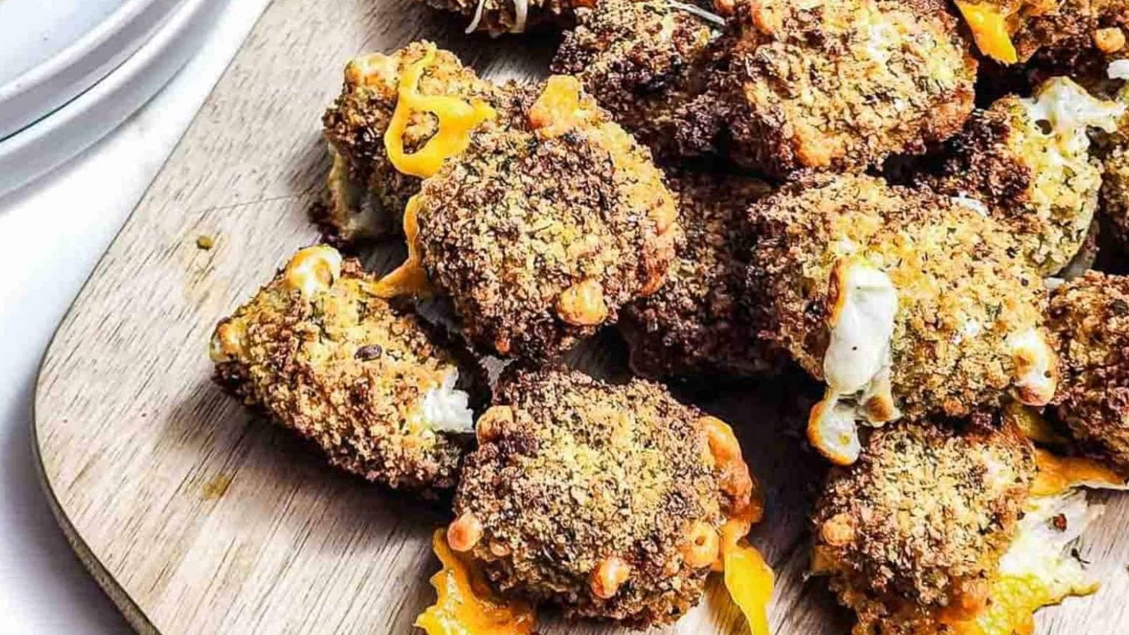 Close-up of crispy, breaded cheese bites with melted cheese on a wooden board.
