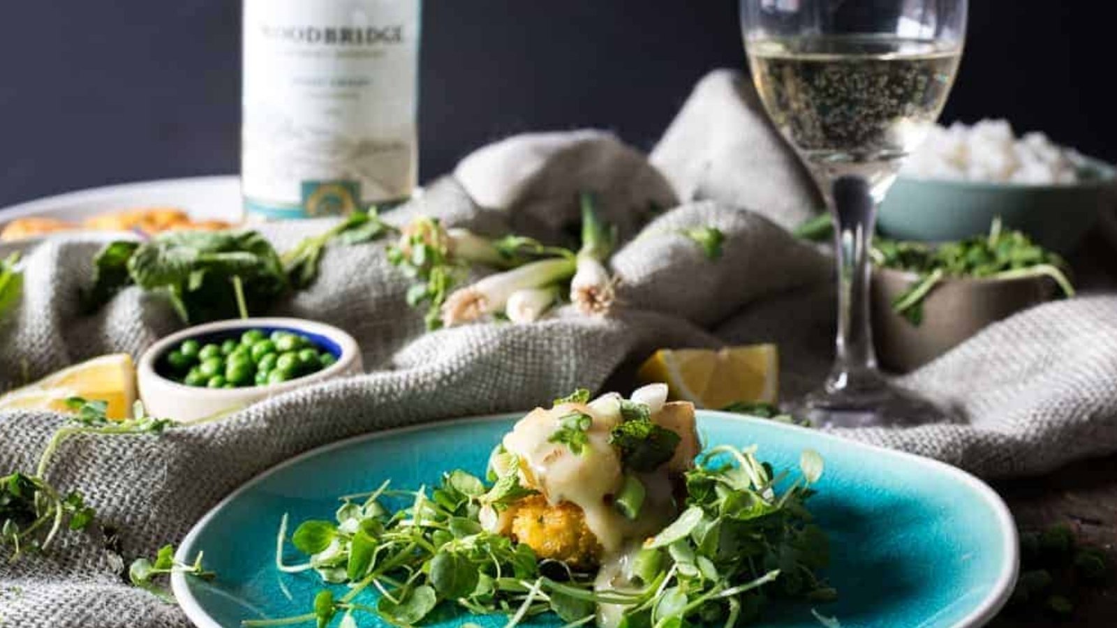 Grilled scallops with a lemon, mint, and Pinot Grigio sauce.