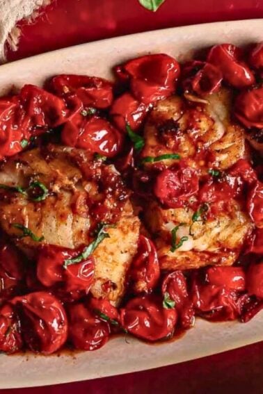 Oval platter with cooked chicken pieces topped with roasted cherry tomatoes and herbs on a red background.