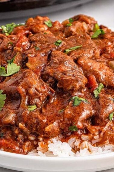 A plate of white rice topped with a thick, brown beef stew garnished with chopped cilantro, with some cilantro leaves visible in the background.