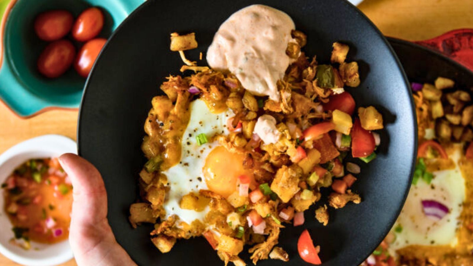 Breakfast hash with chipotle heat cooked with potatoes and sausage.