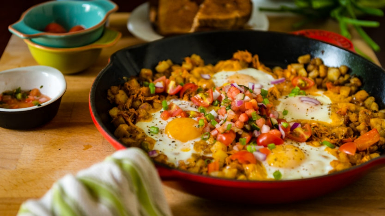 Breakfast hash with chipotle heat cooked with potatoes and sausage.
