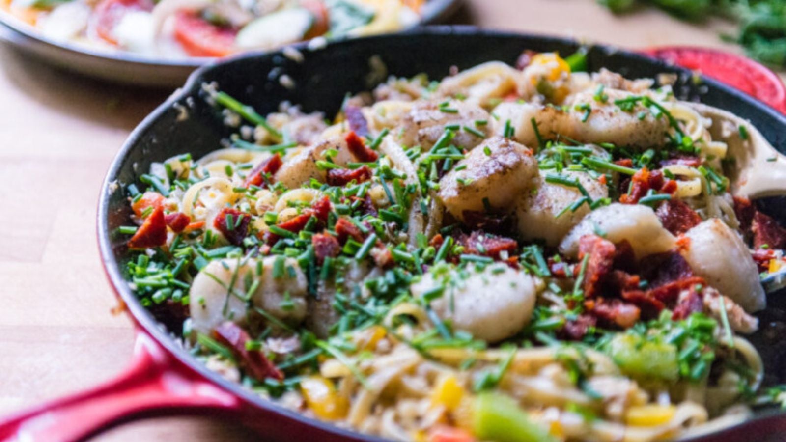 Pasta made with scallops and crab tossed lightly in sauce.