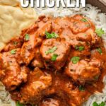 A bowl of butter chicken served over white rice with naan bread on the side, topped with chopped herbs. Text reads, "How to make butter chicken.