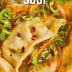 Close-up of potstickers in broth with sliced green onions and carrots, topped with red pepper flakes. Text reads, "How to Make Potsticker Soup.