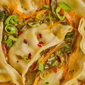 Close-up of dumplings in a soup broth with sliced green onions, shredded carrots, leafy greens, and red pepper flakes.