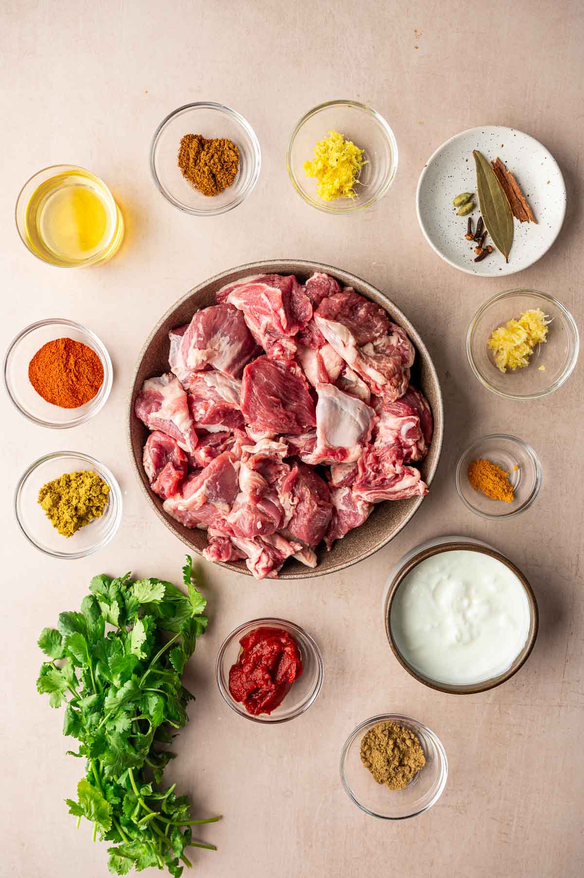 A bowl of raw lamb surrounded by small bowls of spices, herbs, ginger, garlic, yogurt, tomato paste, and oil, arranged neatly on a light surface.