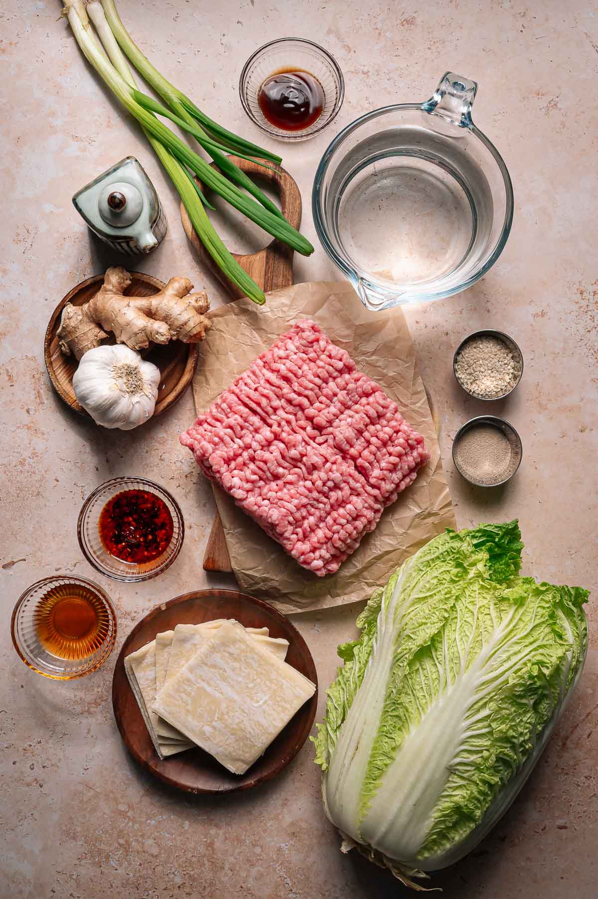 Overhead view of ingredients on a counter: ground pork, napa cabbage, green onions, ginger, garlic, wonton wrappers, seasonings, sesame seeds, and a measuring cup of water.