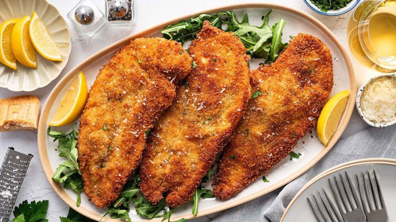 Three breaded and fried chicken cutlets served on a bed of arugula, garnished with grated cheese and lemon wedges, with utensils and seasonings nearby.