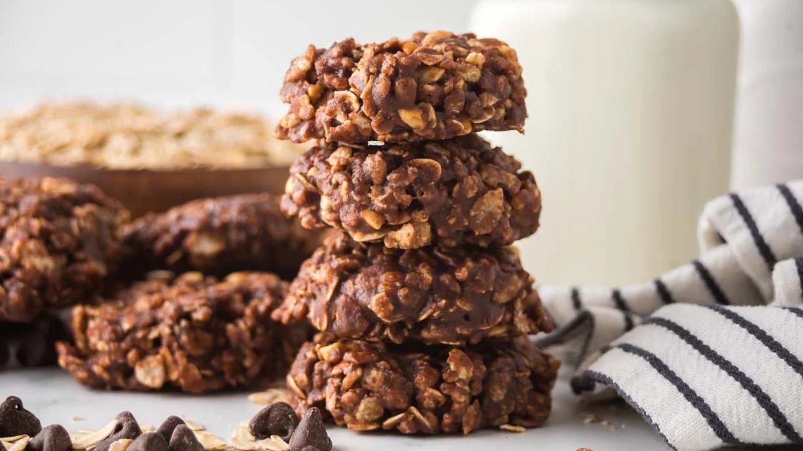 Stack of chocolate peanut butter cookies made with oats and rice krispies.