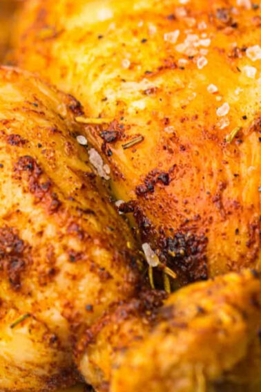 Close-up of a roasted chicken with golden brown skin, seasoned with spices and coarse salt, served on a white plate.