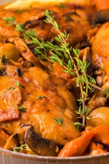A dish of cooked chicken breasts with mushrooms, carrots, onions, and herbs in a brown sauce, served in a shallow bowl.
