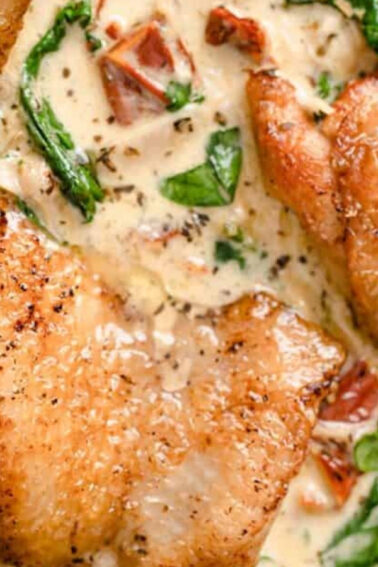 Pan-seared chicken thighs in a creamy sauce with spinach and sun-dried tomatoes.