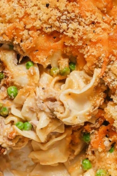 A close-up of a casserole dish filled with creamy noodle casserole topped with golden breadcrumbs, showing peas and pieces of meat inside.