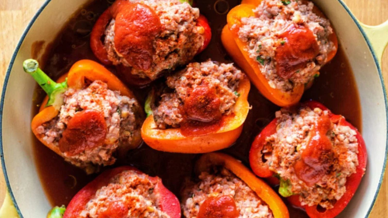 Bell peppers stuffed with lamb roasted until golden and tender.