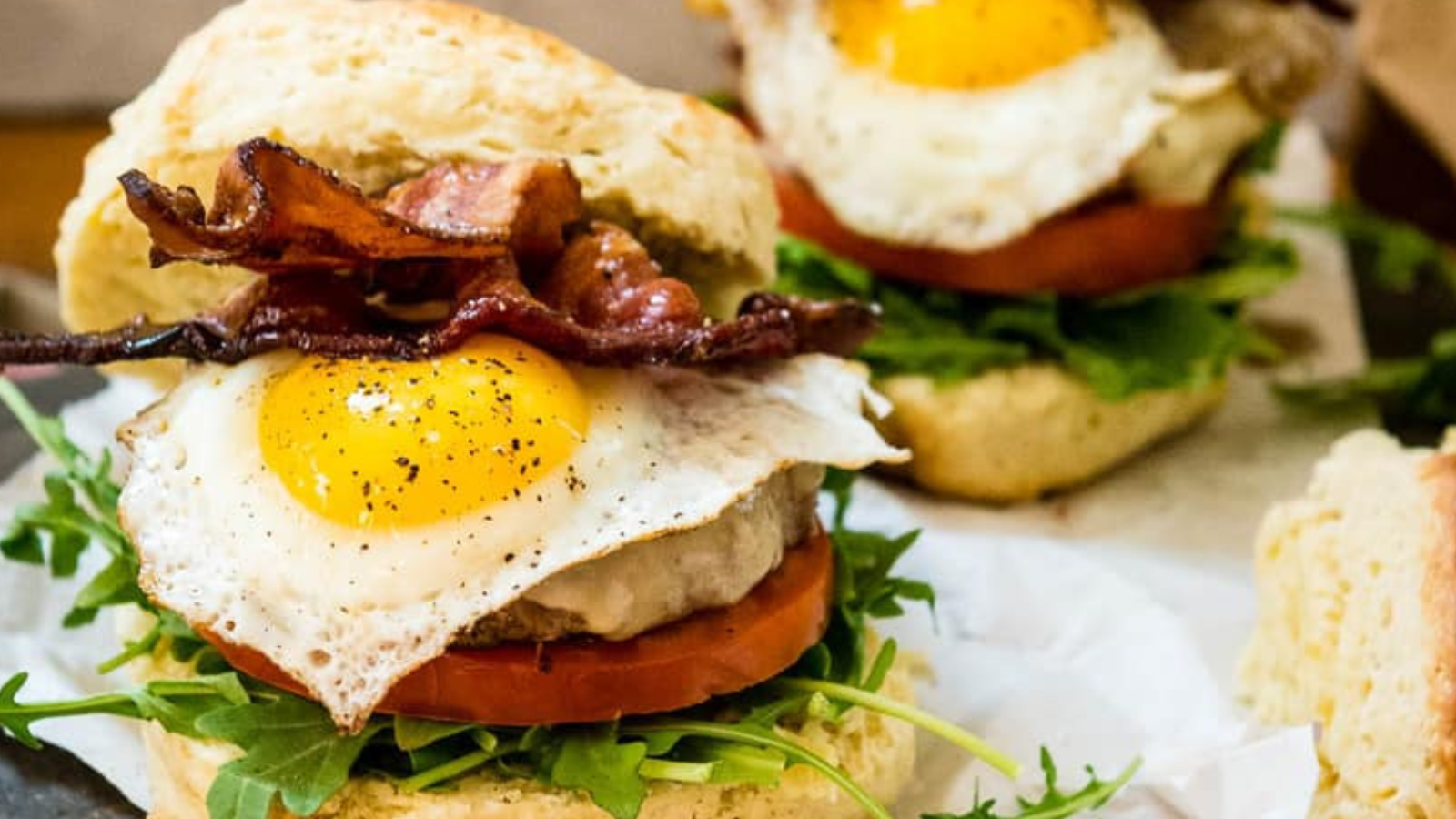 Brunch burger layered with maple glaze and savory toppings.