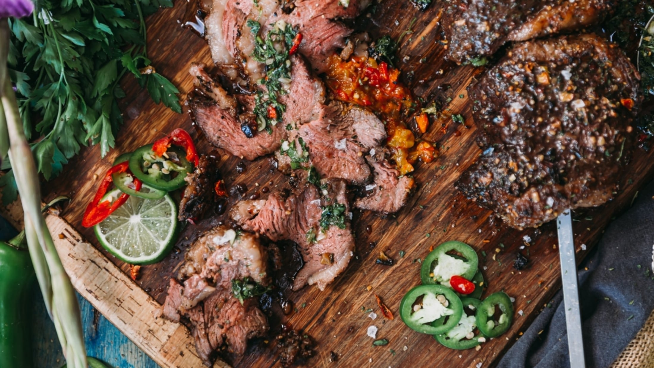 Picanha grilled on rotisserie sliced with charred fat cap.