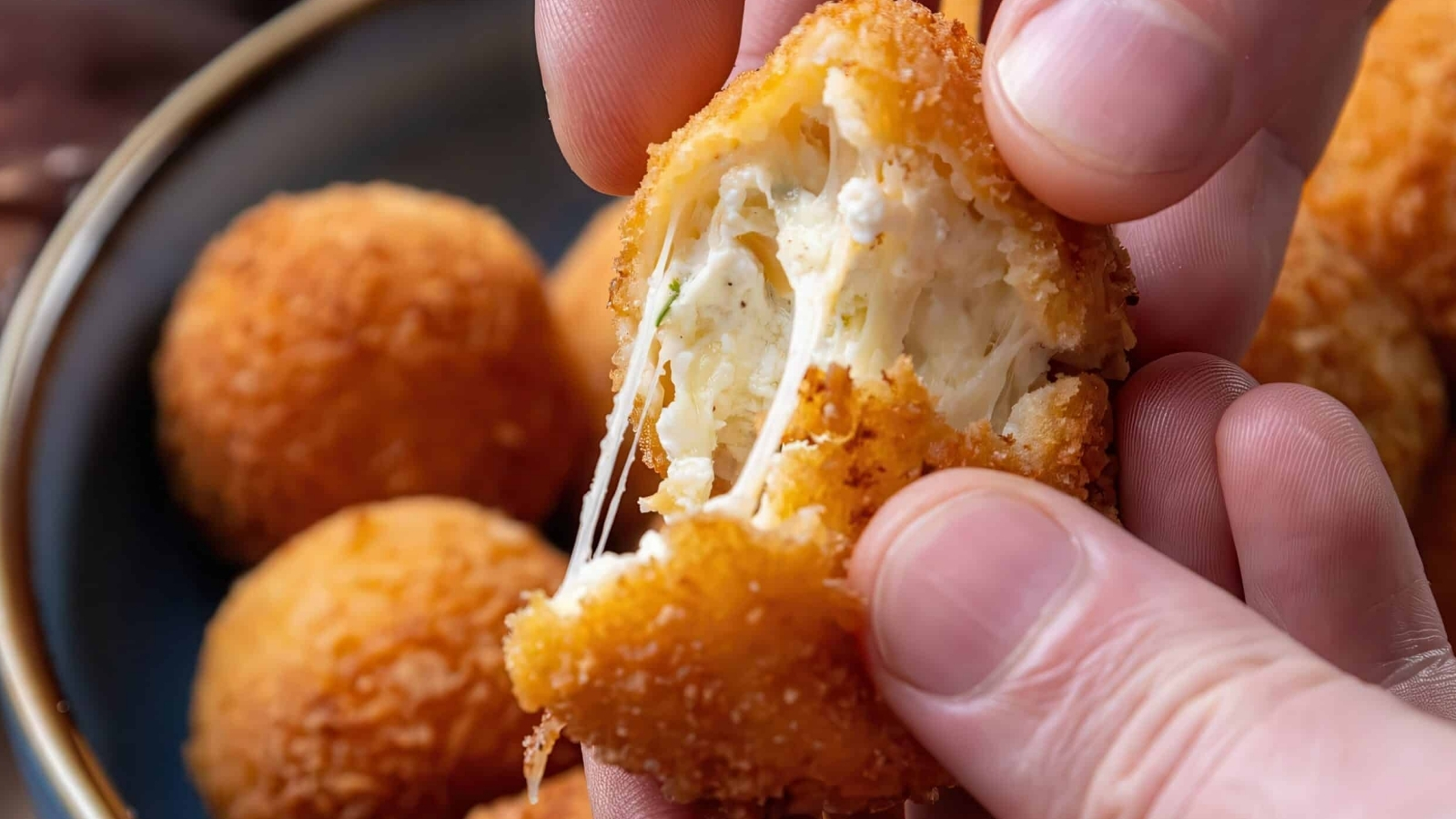 Close-up of hands pulling apart a crispy, golden-brown, fried cheese ball, revealing melted cheese inside. More cheese balls are visible in a bowl in the background.