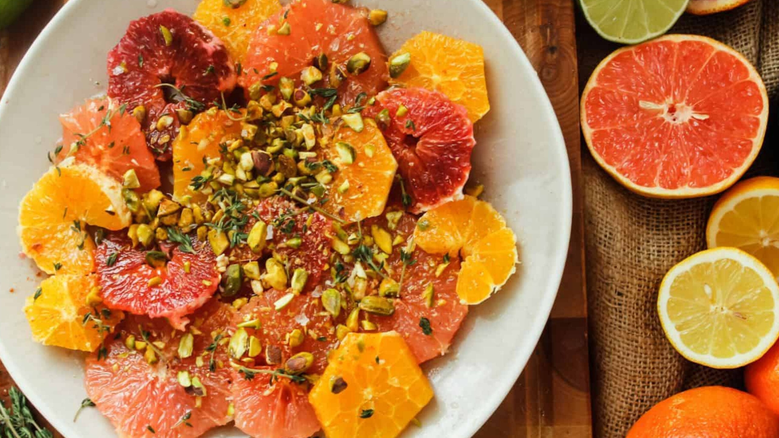 Overhead view of citrus salad with citrus.