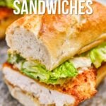 A close-up of a crispy chicken Caesar sandwich on a baguette with lettuce, featuring text about the recipe and a website link for the full recipe.